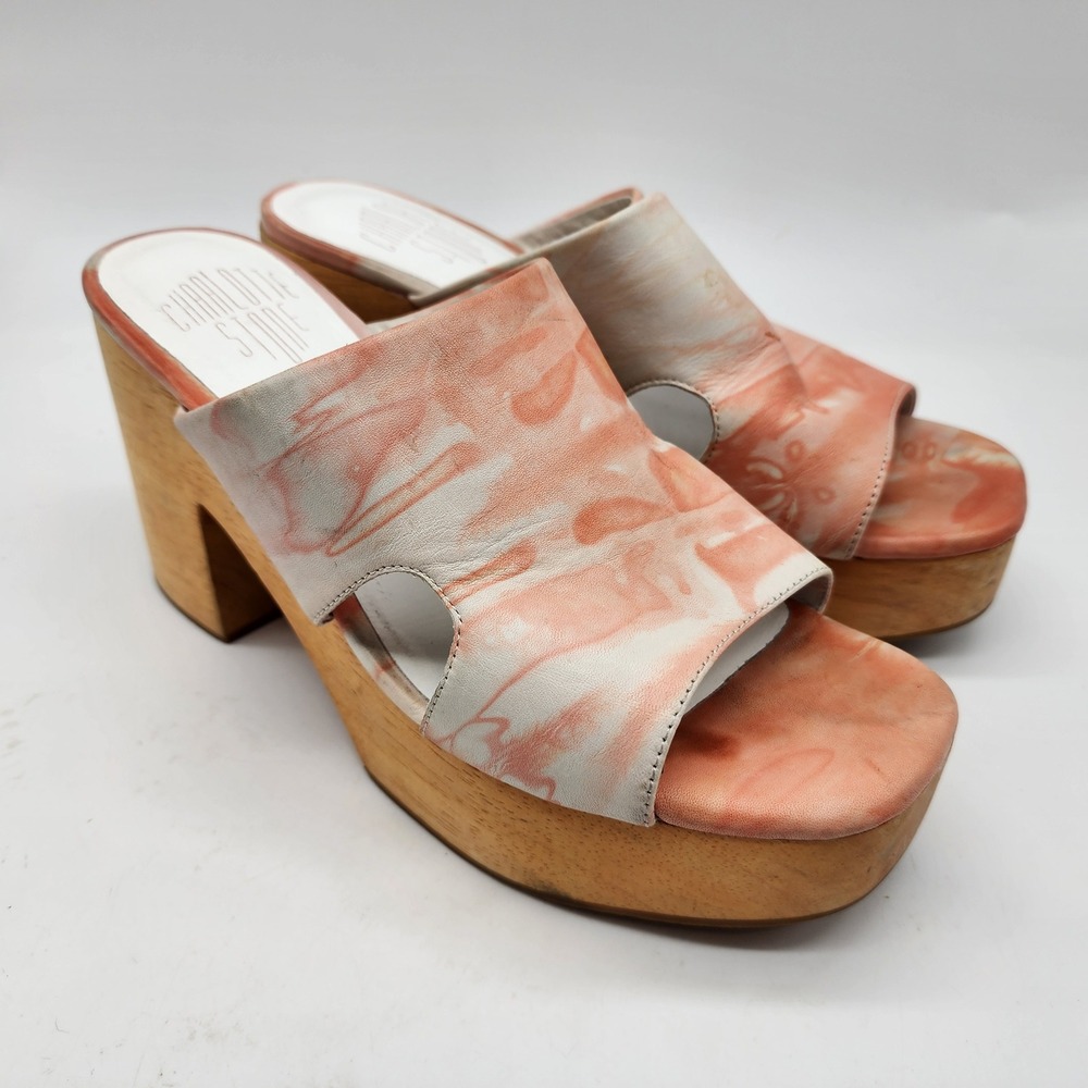Charlotte Stone Nina Marbled Leather Platform Sandals Women's 9 Orange Wood Heel - Picture 2 of 13